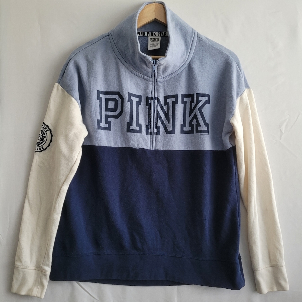 VS Pink 1/4 Zip Colorblock Womens Medium Pullover Sweatshirt Blue Comfy